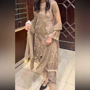 Pakistani / Indian 3 piece beige brown set with pearl trim